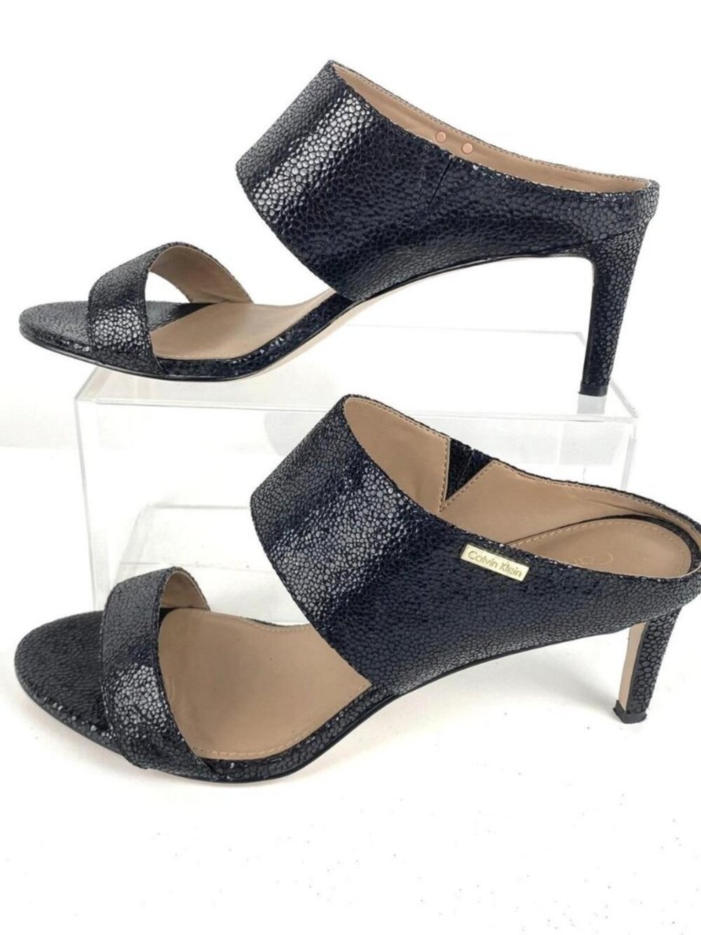 Calvin Klein Cecily Black Textured Leather Open Toe Mule Heeled Sandals